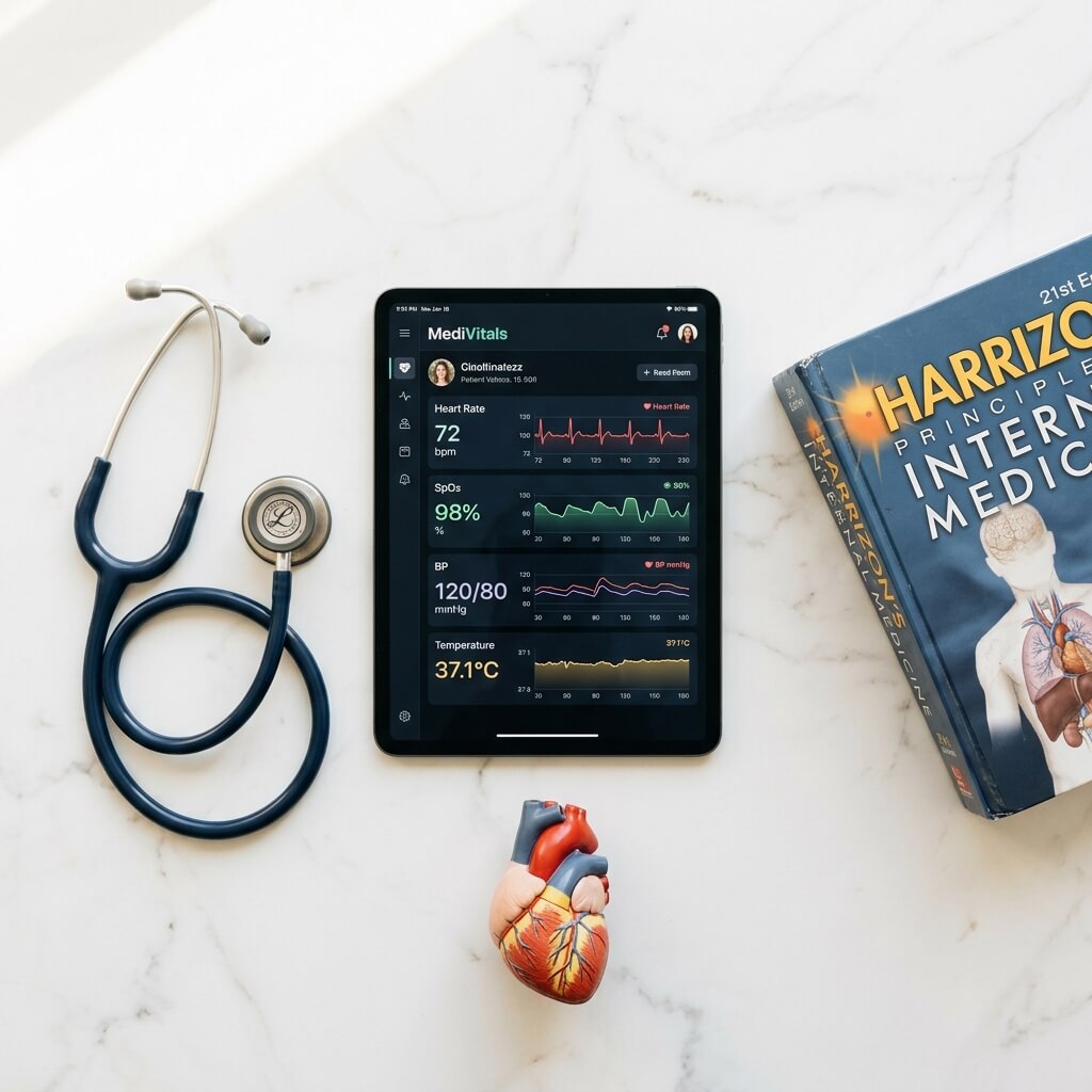 Tablet displaying medical vitals dashboard beside stethoscope and medical textbook